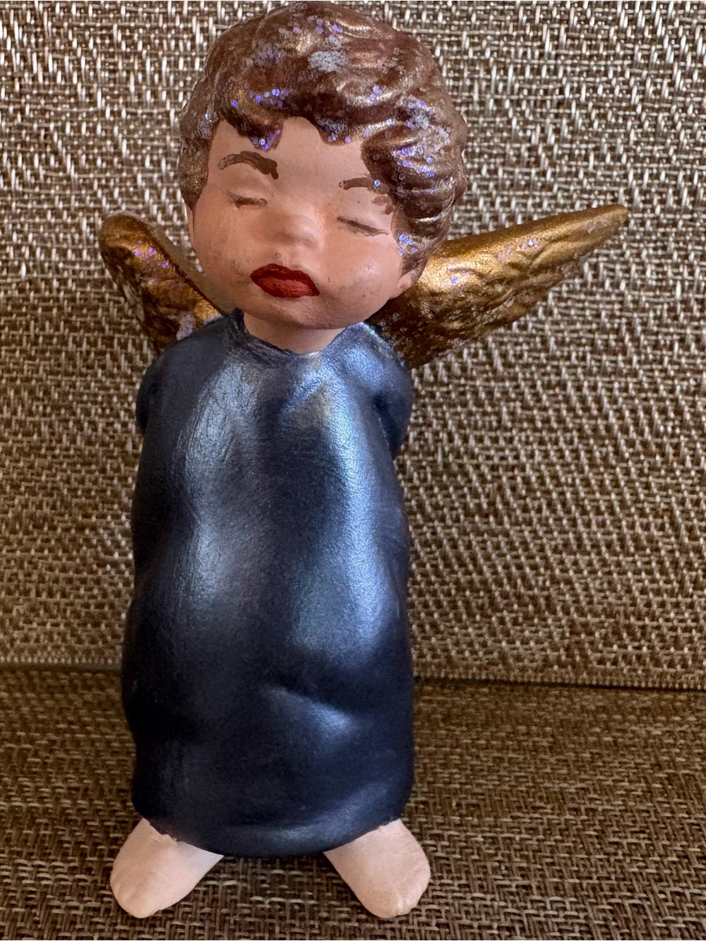 Vintage Handmade Clay Mischievous Little Boy Angel Slingshot Blue Gold Wings 5”